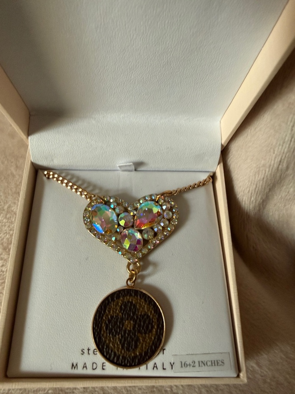 Repurposed Louis Vouton Heart Crystal Pendant Necklace with Brown Monogram Disc